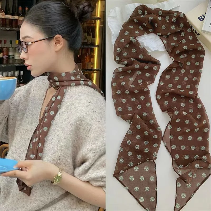 法式复古棕色波点丝巾女春秋薄款百搭小众设计千禧风长条领巾围巾