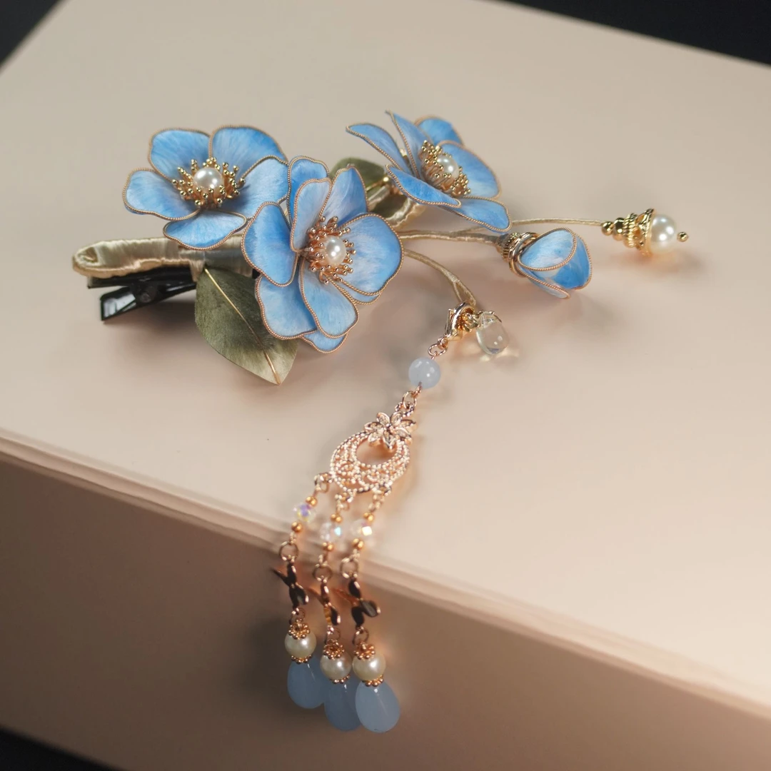 悠悠微蓝 边夹 非遗绒花发夹国风发饰百搭简约汉服配饰南京绒花