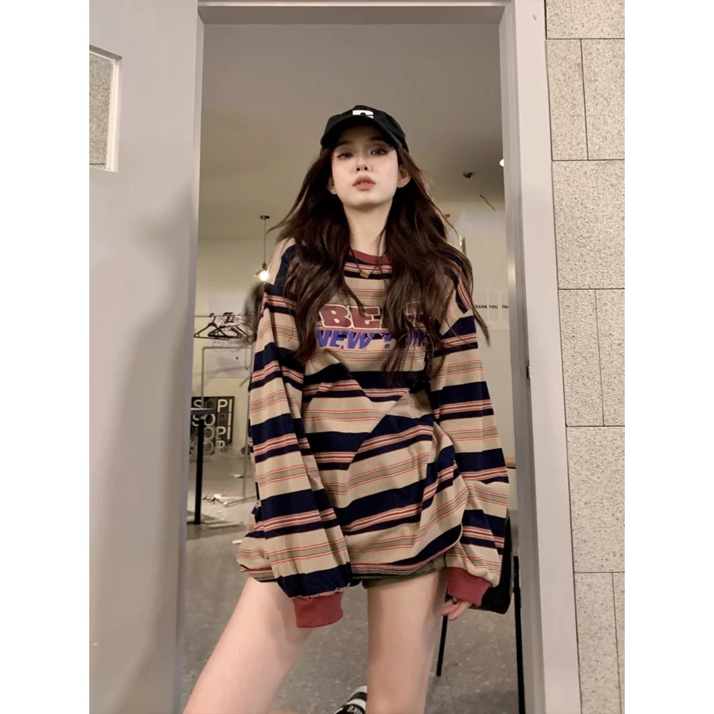 美式条纹长袖T恤女春秋季薄款欧货爆款韩版宽松休闲打底卫衣上衣