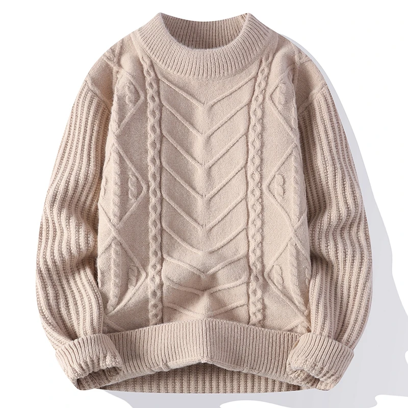 纯色低领男士扭花保暖毛衣2025秋冬季新款青年圆领加厚针织打底衫