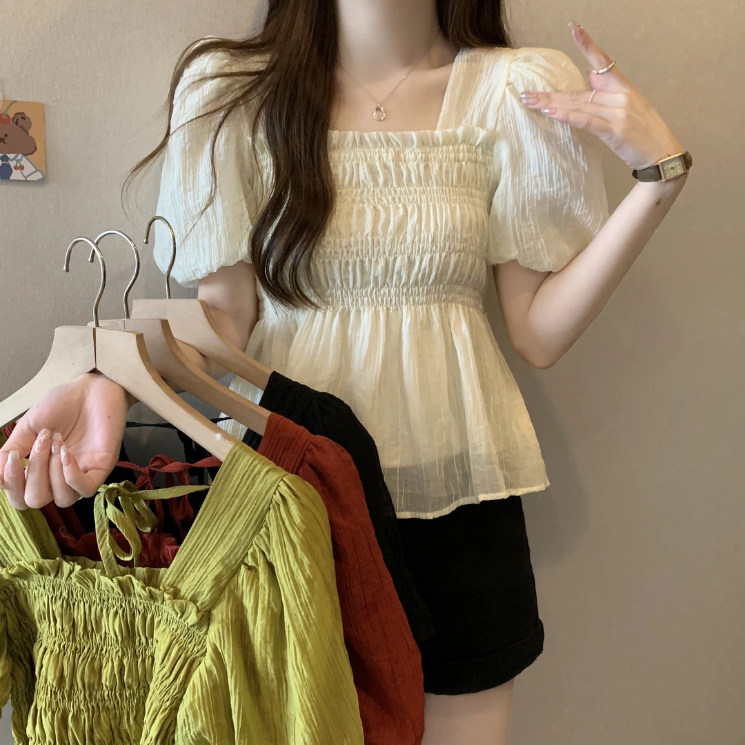 2024大码褶皱方领泡泡袖衬衫女后背系带甜美洋气娃娃衫