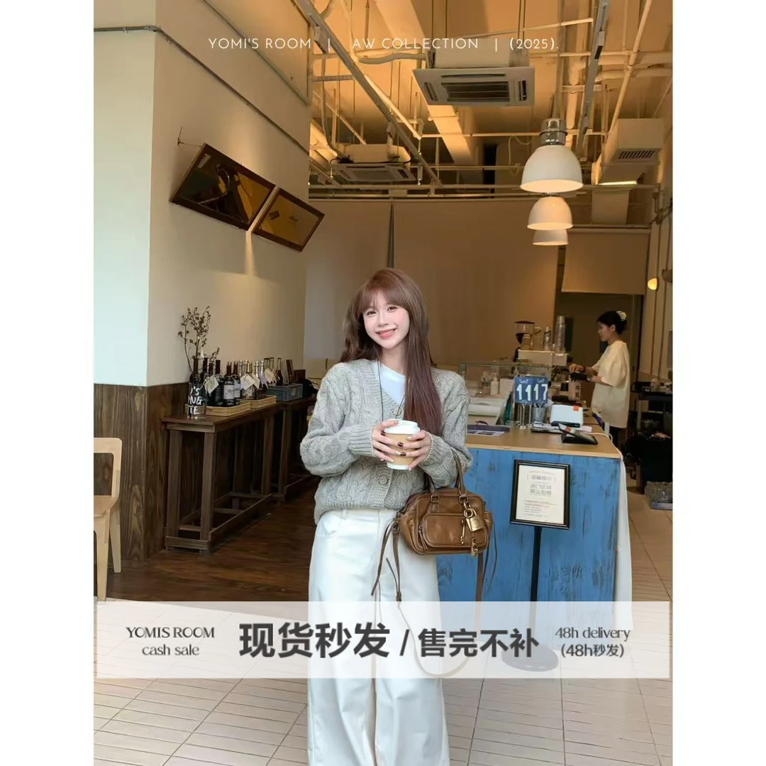 YOMI小个子【温柔交织】极简风麻花编织中古风针织开衫毛衣长袖女