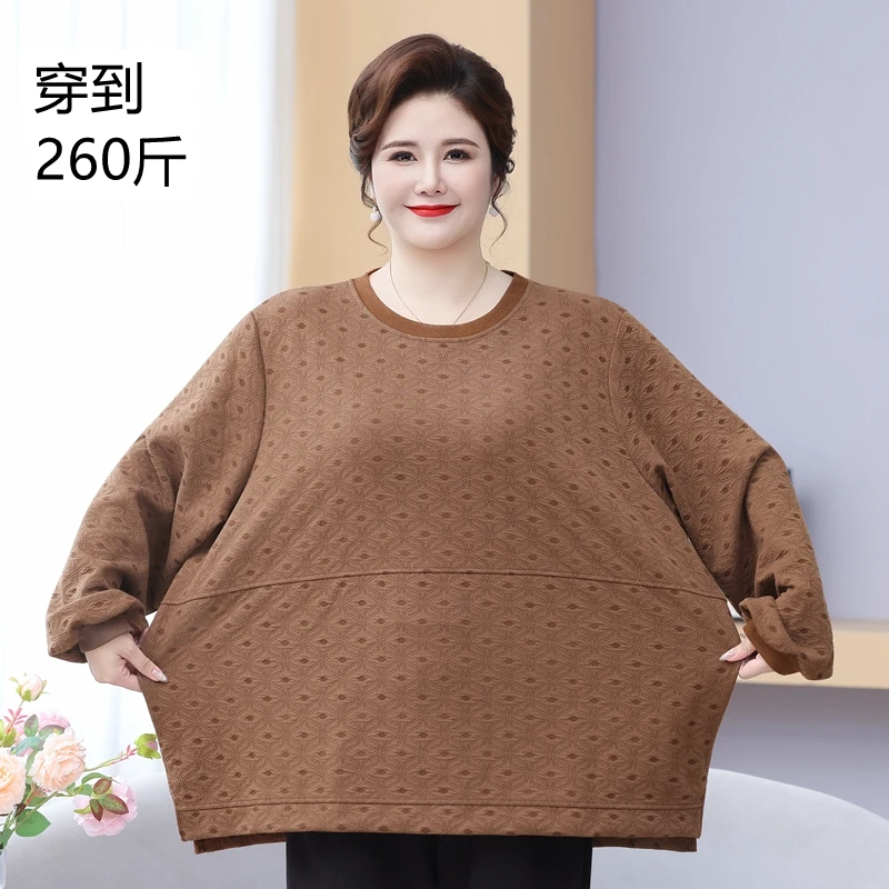 特大码240斤胖妈妈打底衫新款宽松长袖奶奶秋装上衣加肥加大T恤女