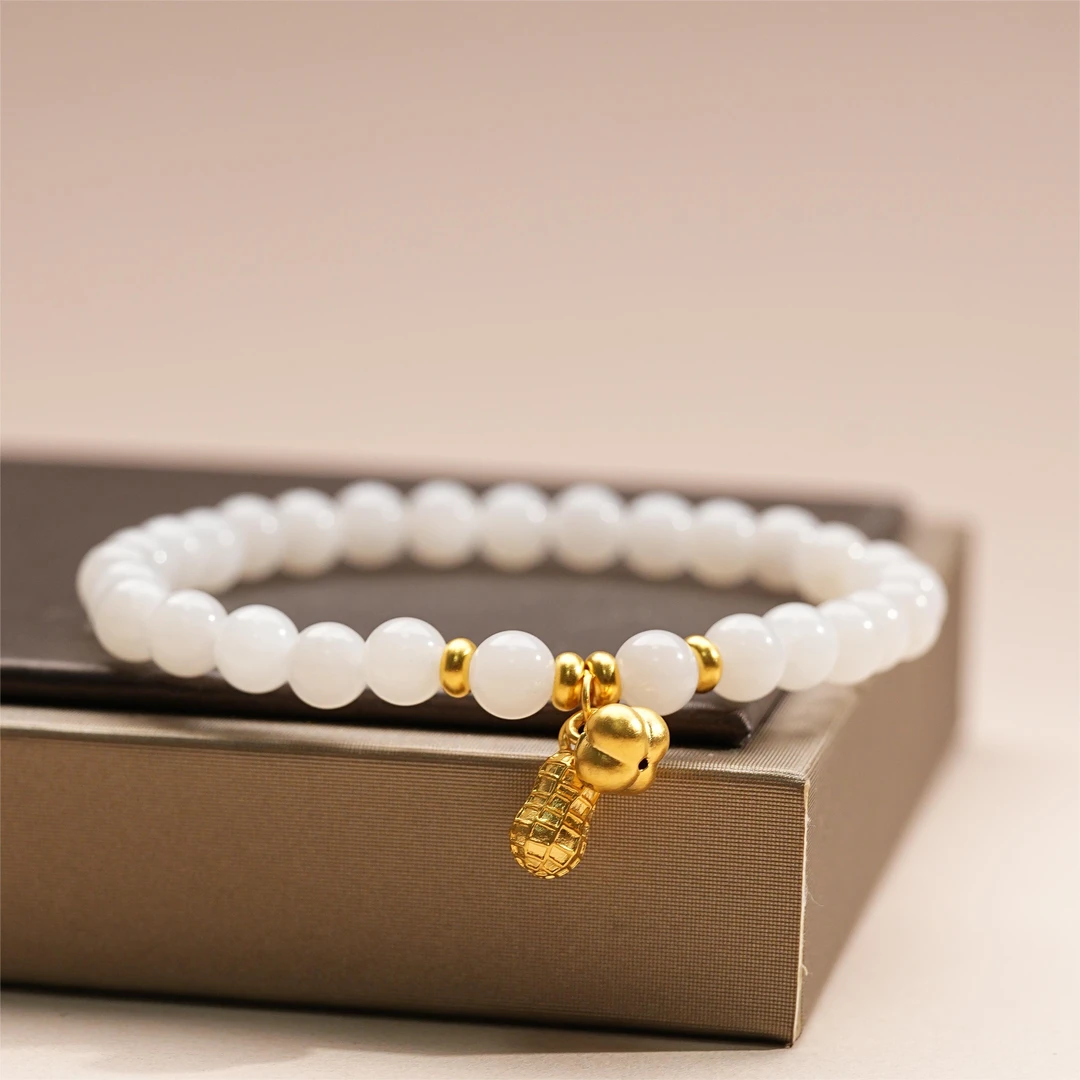 【鑫浩矿业】新疆和田玉-高品白玉卡6手串一条足金花生配件女士单圈