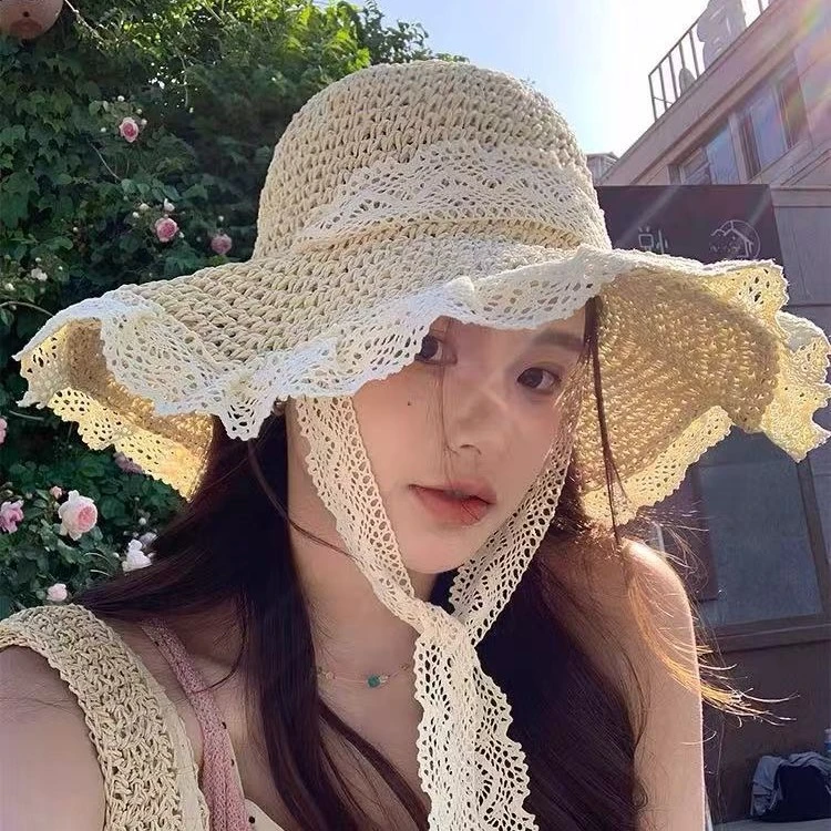 新款夏季花边沙滩出游帽 女海边出游大帽檐遮阳帽镂空草帽