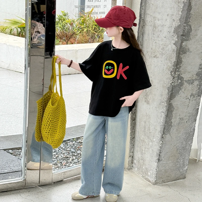 女童夏季薄款牛仔裤套装2025新款洋气儿童大童网红短袖两件套夏装