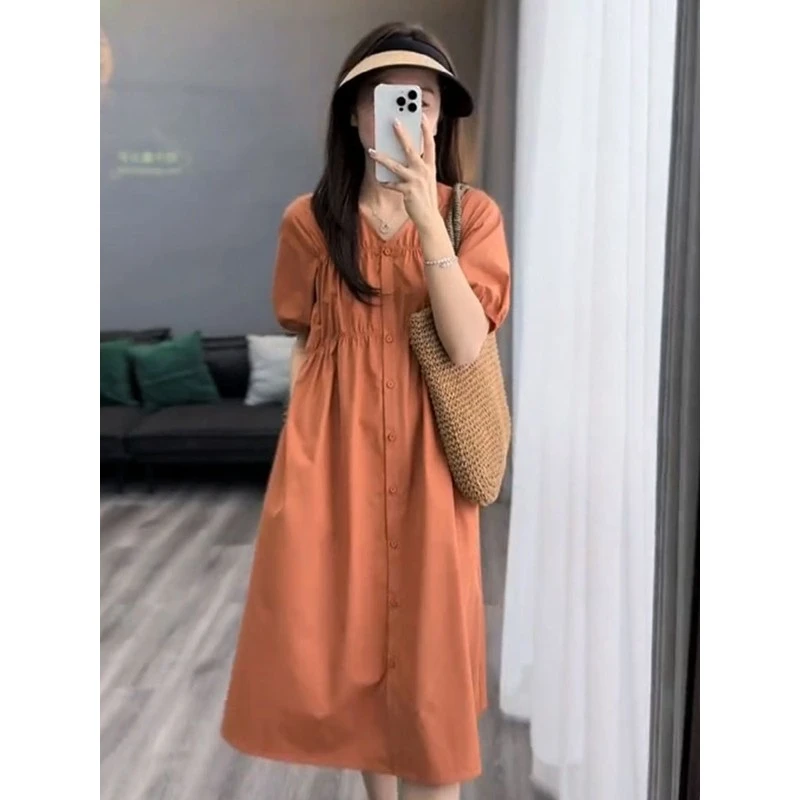 简单大方连衣裙女夏季2025新款宽松泡泡袖a字长裙风情万种的裙子