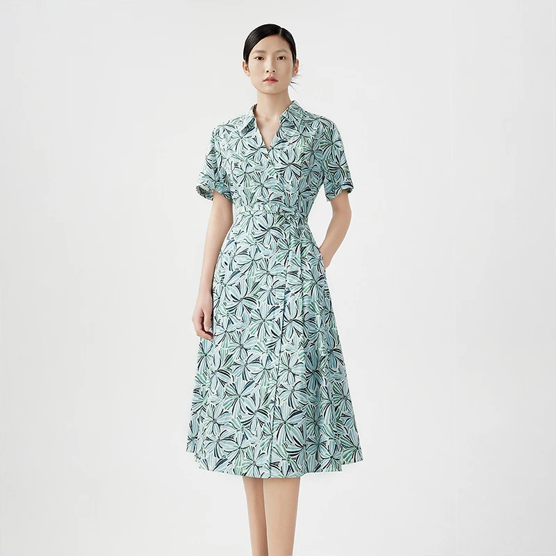 【商场同款】LANCY/朗姿2024夏季新款短袖植物印花衬衫连衣裙女裙子