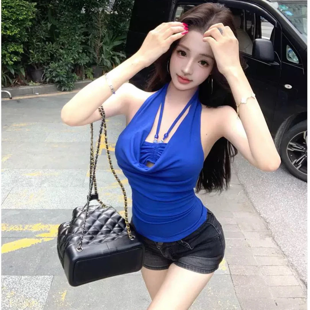 夏季女款串珠美背荡领挂脖吊带背心外穿内搭性感辣妹上衣