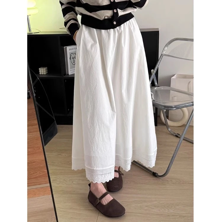 法式休闲白色半身裙女春季宽松设计感蕾丝拼接松紧腰Aa字中长裙子