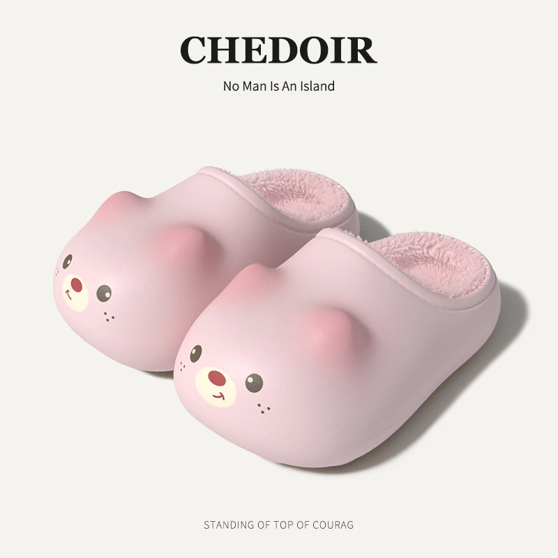【chedoir猜岛】墩墩熊防水棉拖鞋女冬季卡通可爱防滑情侣棉拖外穿
