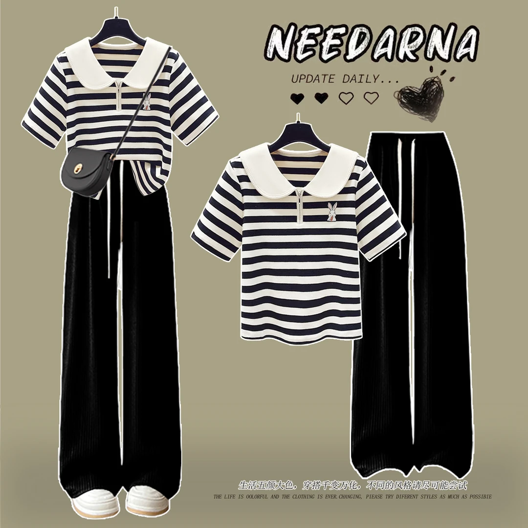 初中小学生夏季休闲套装少女韩版娃娃领T恤女孩冰丝阔腿裤两件套