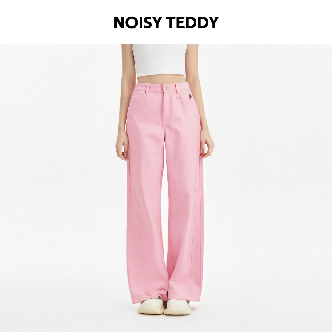 NOISY TEDDY欧若风刺绣小熊纯棉直筒牛仔裤休闲少女感粉色长裤