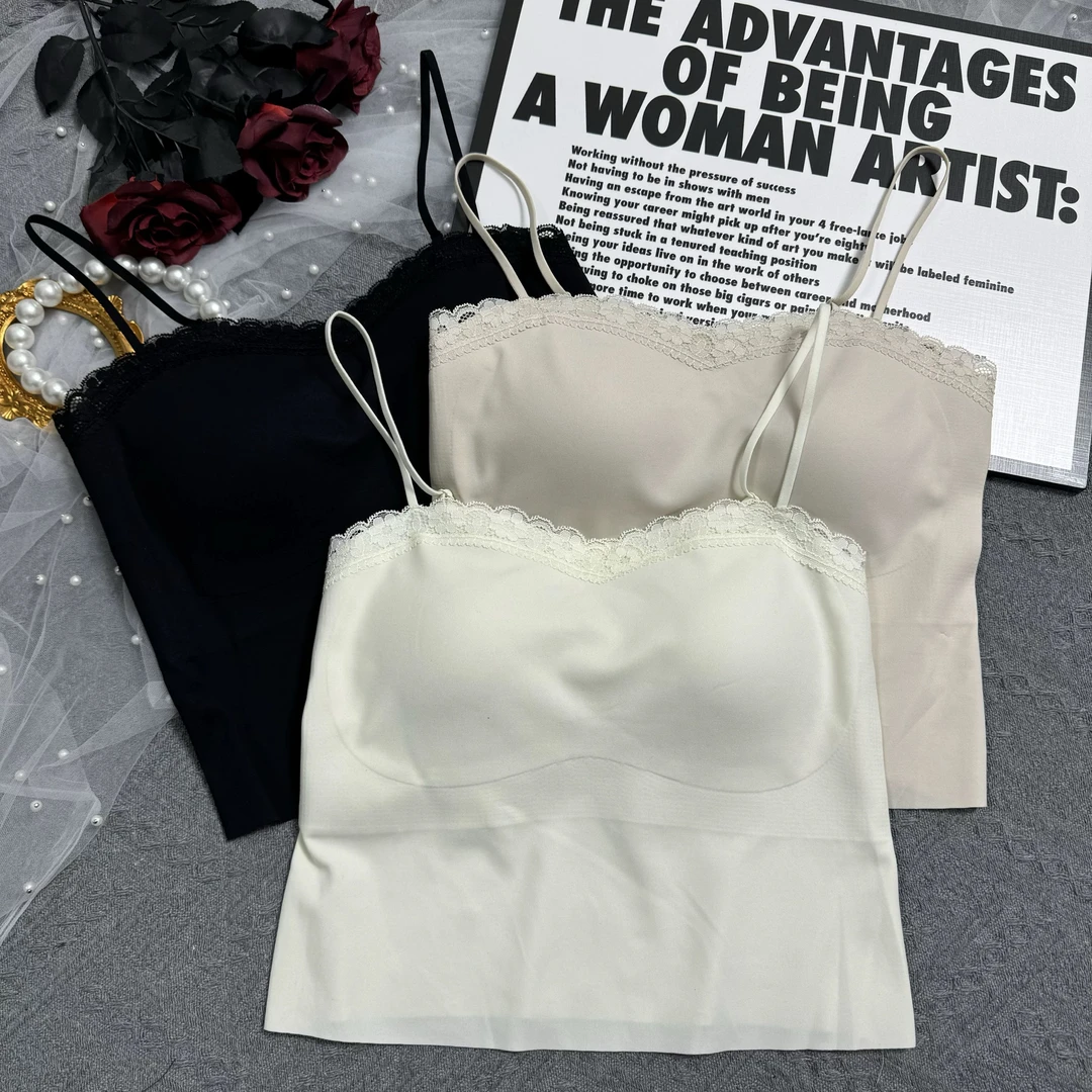 董小姐/3084一字领蕾丝花边吊带背心修身显瘦带胸抹胸薄