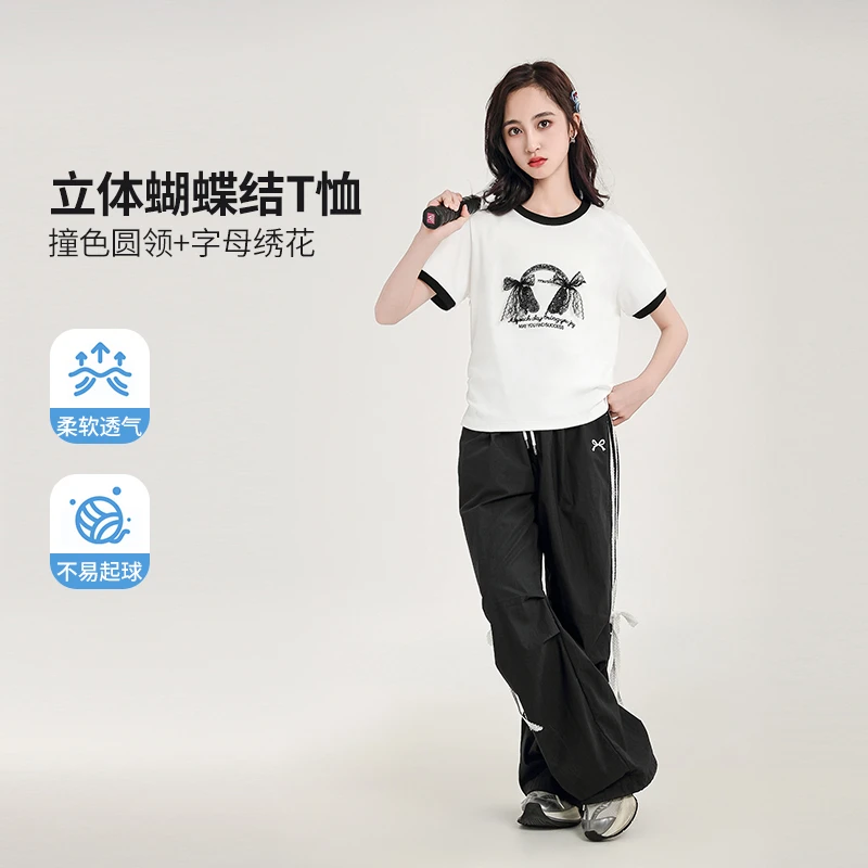 《童装品牌断码清仓直播》蝴蝶结字母绣花圆领T恤25327