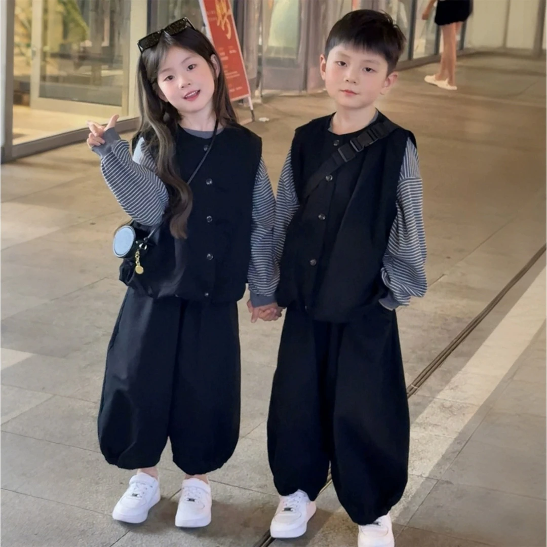 男童套装2025新款姐弟装秋季儿童休闲马甲三件套女童秋装兄妹衣服