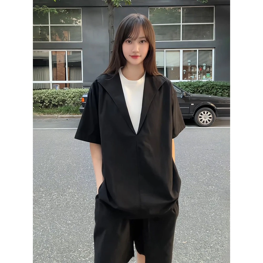 假两件黑色冰丝衬衫女男士亚麻穿搭一整套松弛感速干短袖短裤套装