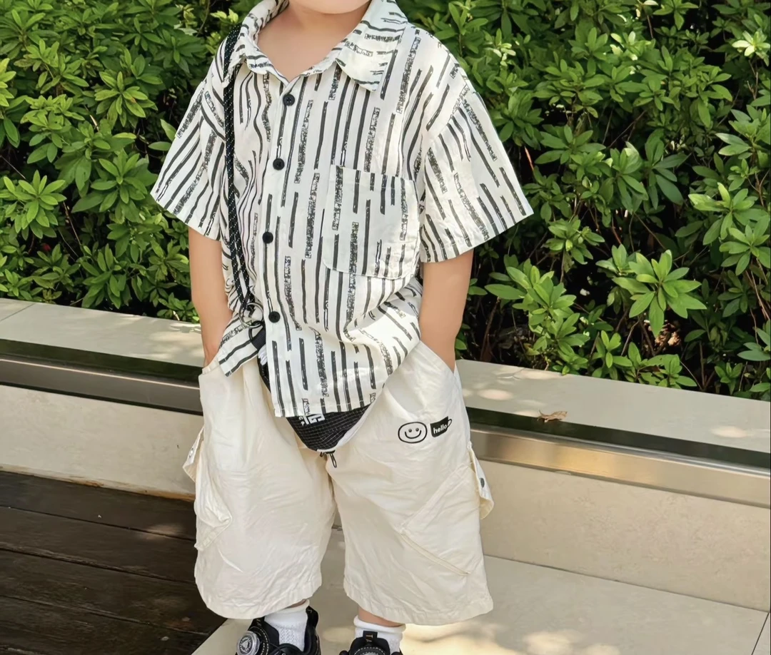 男宝夏季纯棉短袖开衫衬衫黑白竖条纹休闲薄款