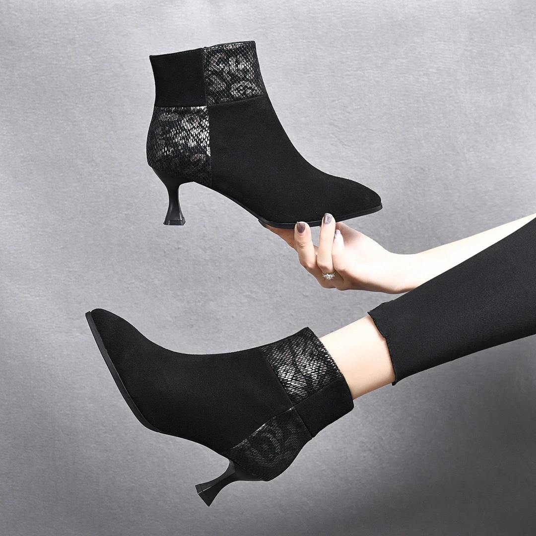 尖头磨砂网红高跟时尚短靴秋冬跟鞋瘦瘦靴细跟女靴女单靴侧拉链