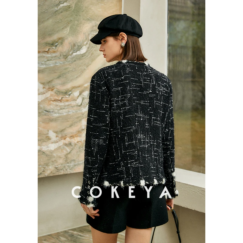 COKEYA/雪夜流星雨~LG粗花呢抗皱微弹长袖短款圆领小香风外套女冬