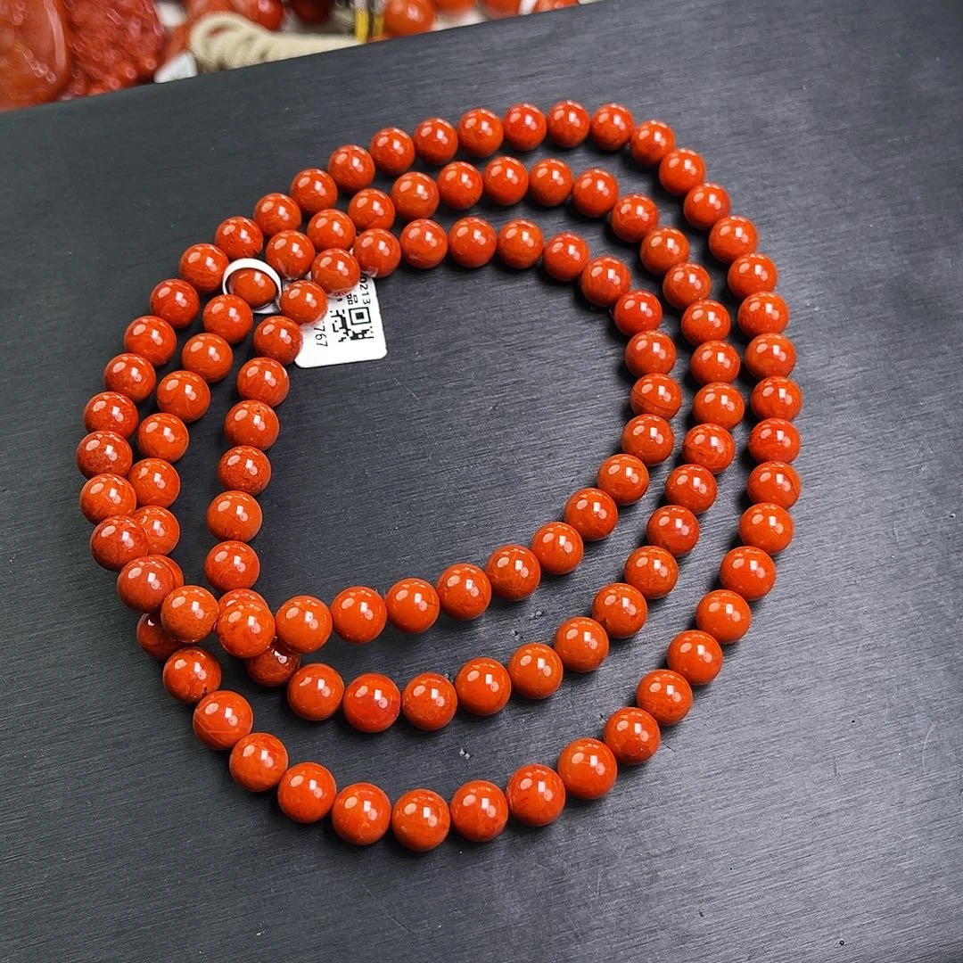 龙***4南红玛瑙未镶嵌手链瓦西收藏级柿子红满肉火焰多圈8mm