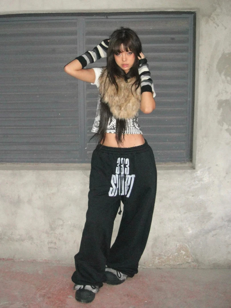 美式辣妹黑色高街印花卫裤女宽松休闲嘻哈街舞baggy阔腿拖地裤子