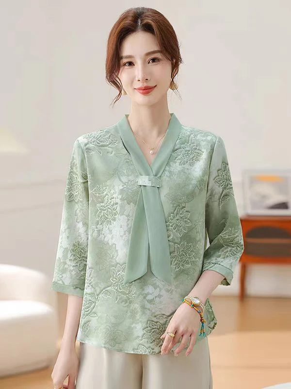 妈妈装领结两件套宽松复古洋气百搭母亲装女装衬衣春夏立领妈妈装