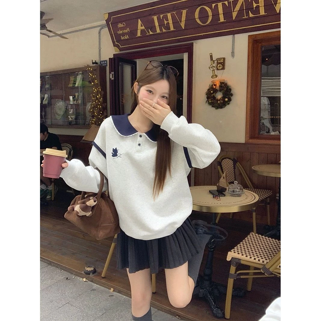 秋冬季新款加绒卫衣初中生学生中长宽松胖mm刺绣娃娃领保暖上衣