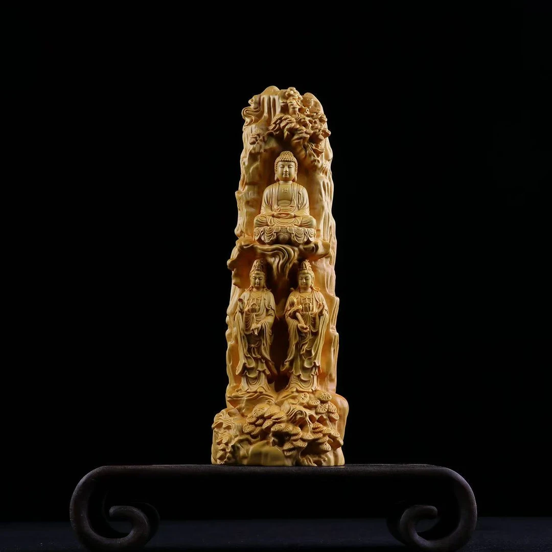 黄杨木雕西方三圣摆件敦煌石窟文化工艺品观音菩萨家居装饰求佛像