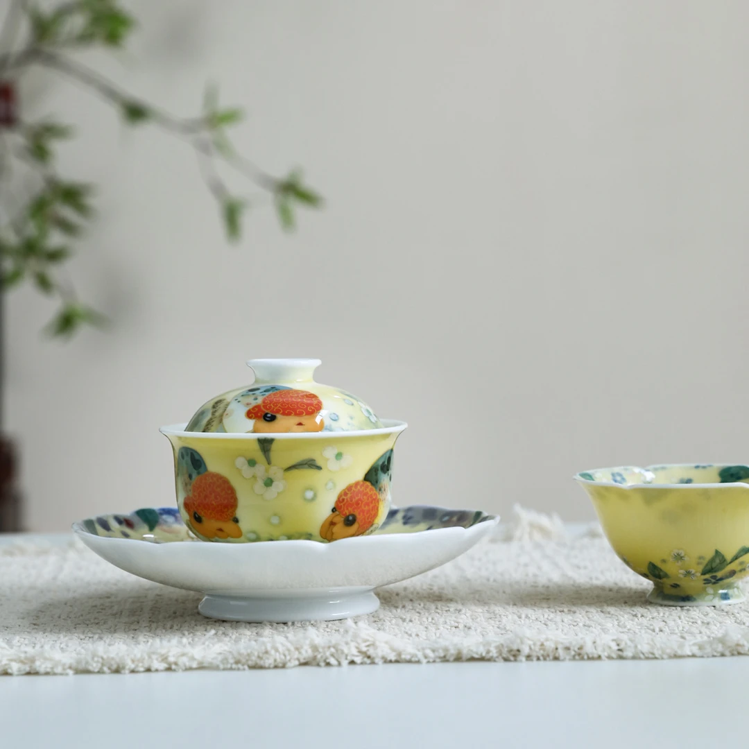 官润窑陶瓷纯手工制作手绘高端瓷器品茗主人杯元宝茶盖碗兰寿鱼