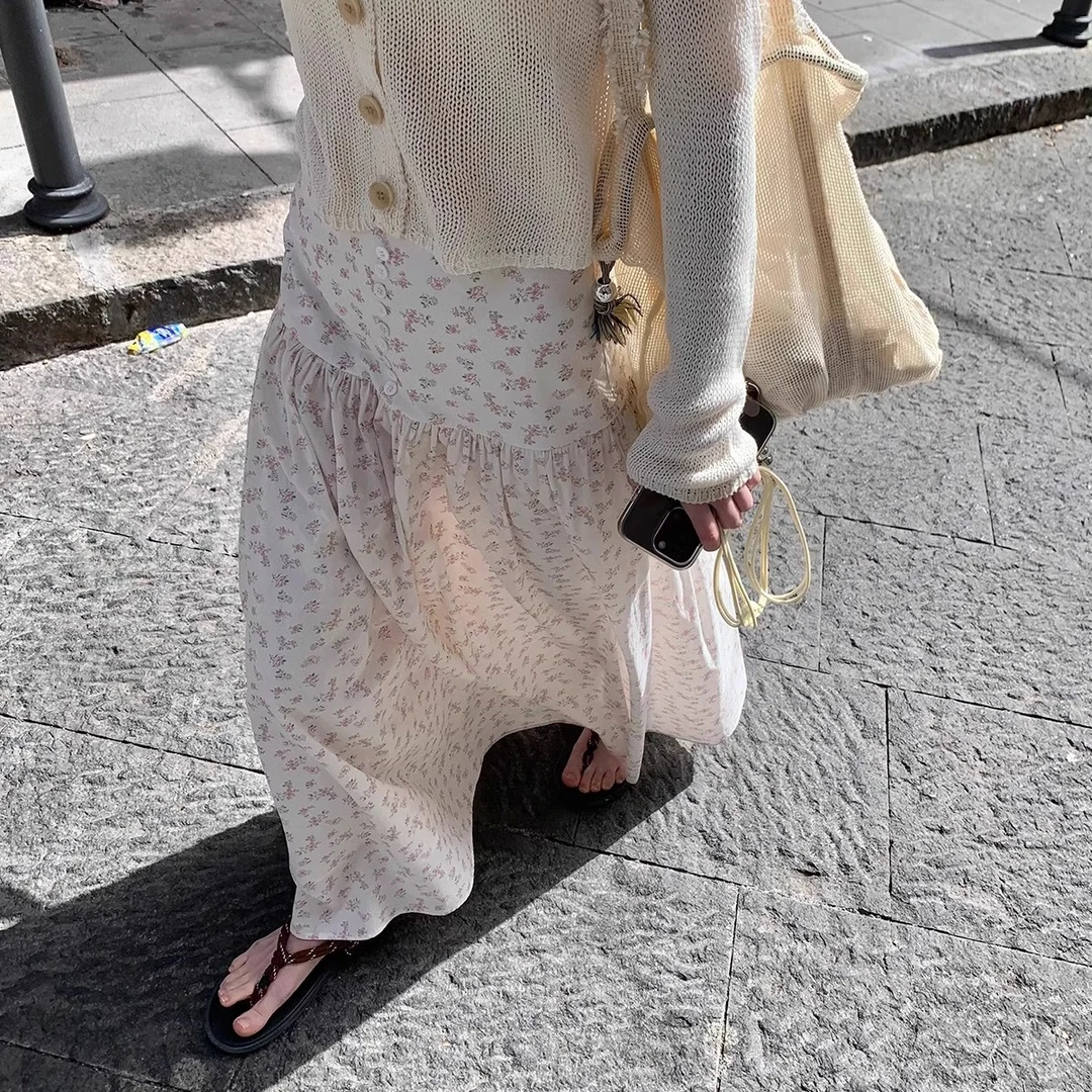 KERNEL COSMOS巴勒莫午后 法式清新高腰贝壳扣碎花半身裙度假长裙