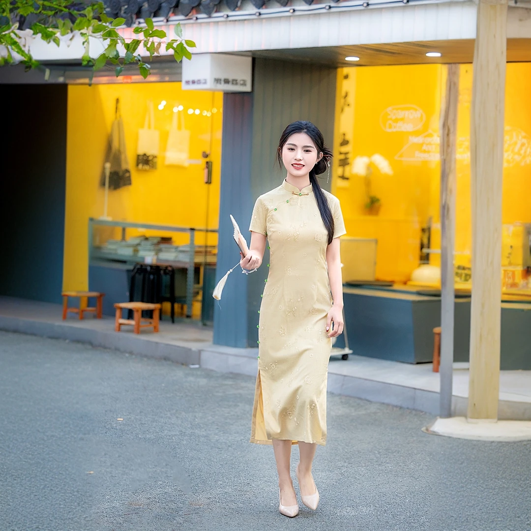 【送考专属】黄色旗袍气质夏季中长款日常中国风春夏显瘦中式修身