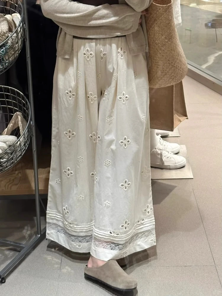 大码胖mm蕾丝拼接松弛感阔腿裤女夏季宽松百搭显瘦直筒垂感休闲裤