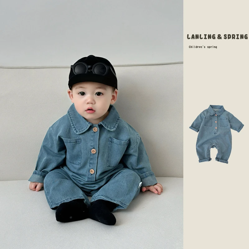 春装新生婴儿牛仔爬服小月龄衣服男女宝宝连哈衣秋季款外出抱衣
