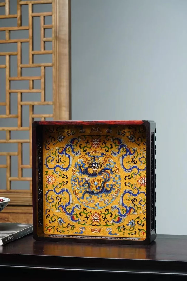 大红酸枝景泰蓝拐子龙纹托盘28✖️28✖️8公分