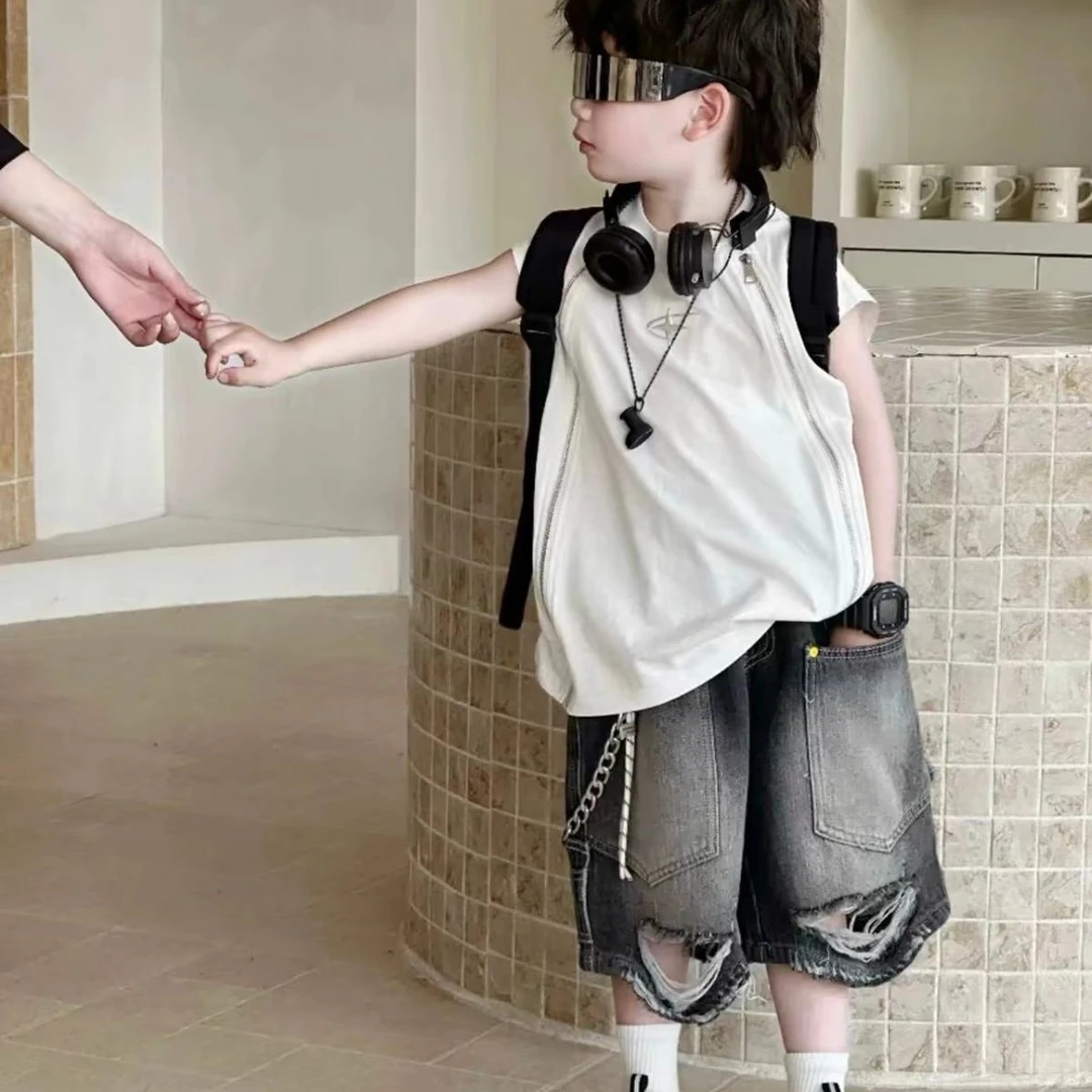 男童套装夏季新款韩版痞帅无袖背心复古破洞牛仔裤爆款潮 CM