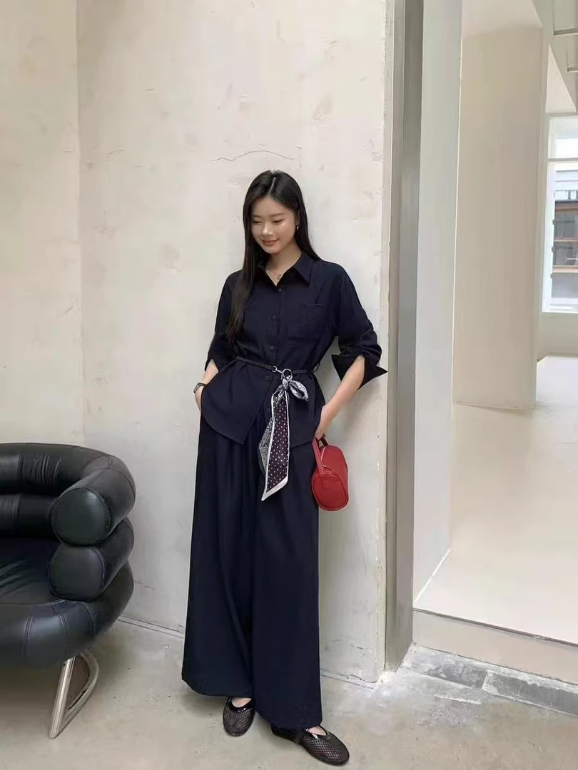 2025秋季新款气质高级感翻领飘带休闲裤两件套