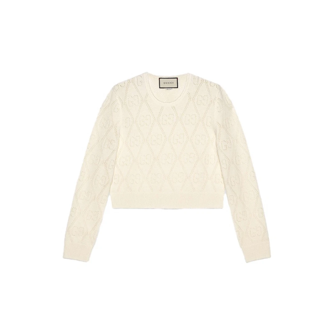 全新未使用 GUCCI/古驰 女款 米白色 菱格镂空GG互扣圆领羊毛衫