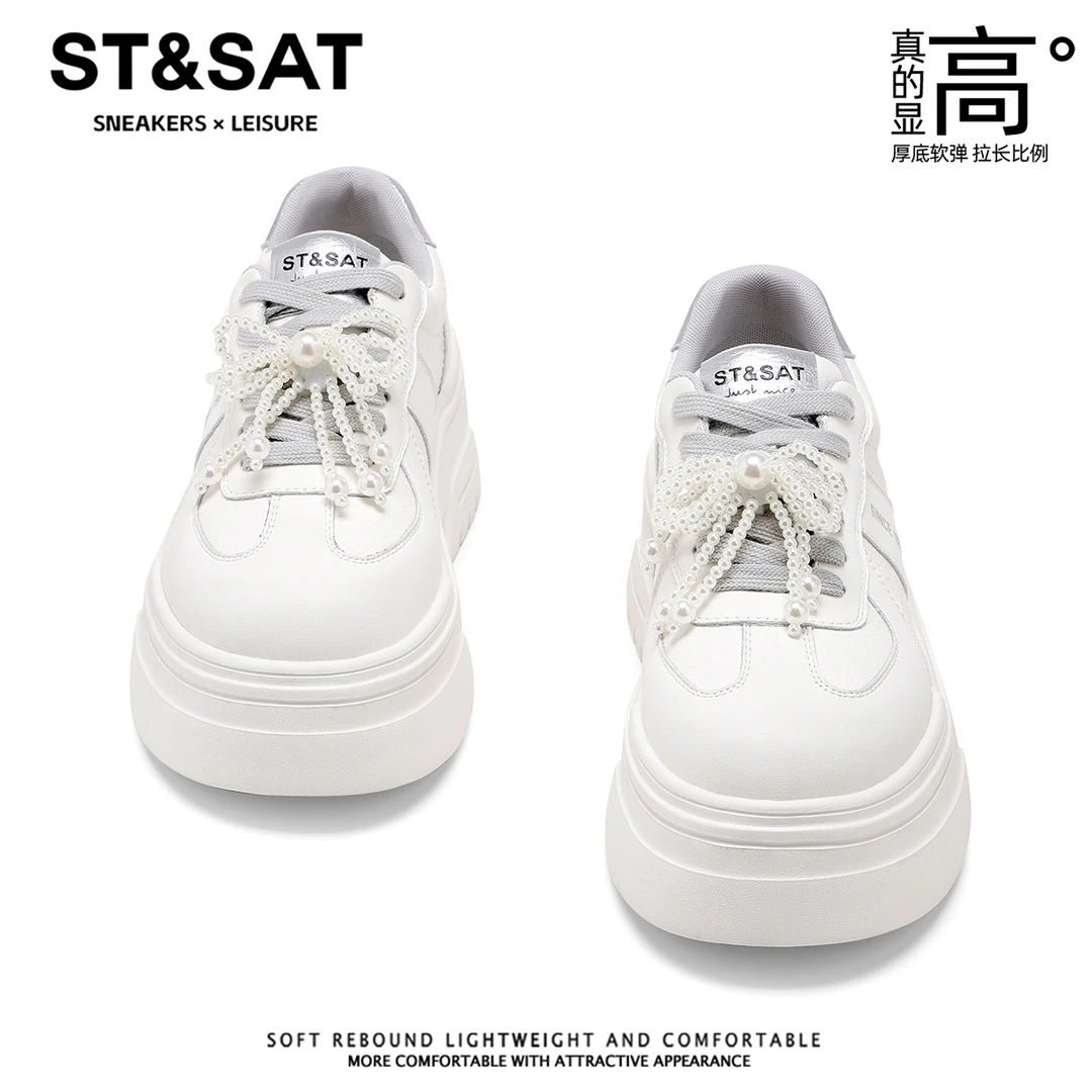 星期六蝴蝶结甜美风厚底板鞋女2025新款百搭饼干鞋运动休闲小白鞋