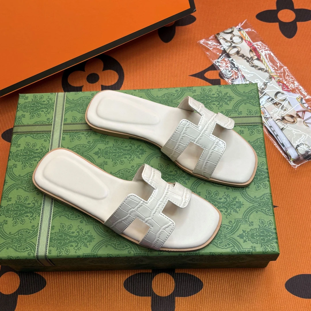 【现货】鳄鱼纹真皮网红一字拖拖鞋女鞋