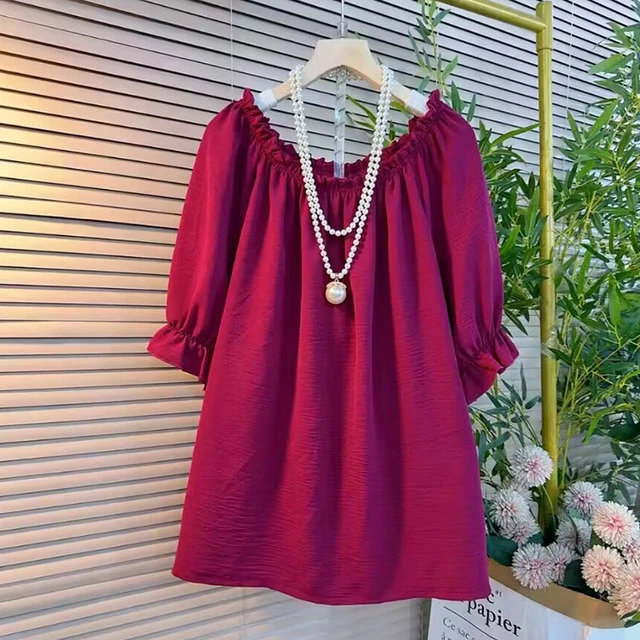 木耳花边一字肩小衫洋气宽松遮肉百搭上衣胖妹妹大码女装春季新款