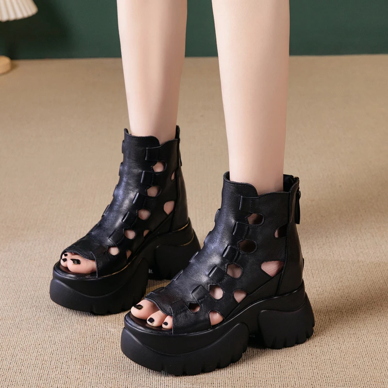 真皮洞洞鱼嘴凉鞋女小个子9cm高跟厚底松糕潮时尚凉靴内增高牛皮