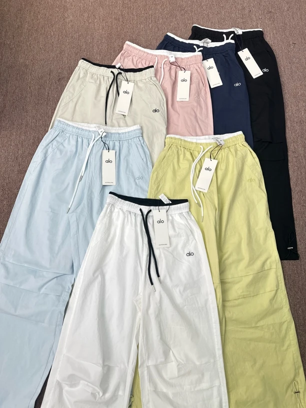alo女夏季纯色工装速干阔腿休闲裤显高直筒束脚设计
