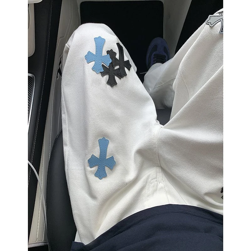 夏季白色宽松显瘦新款罗心十字架刺绣皮美式潮牌直筒微喇牛仔裤男