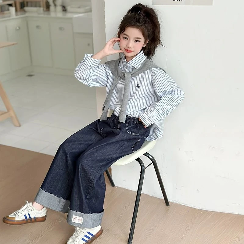 2025炸街女童春装套装时尚女大童高级感衬衫儿童春秋牛仔裤两件套