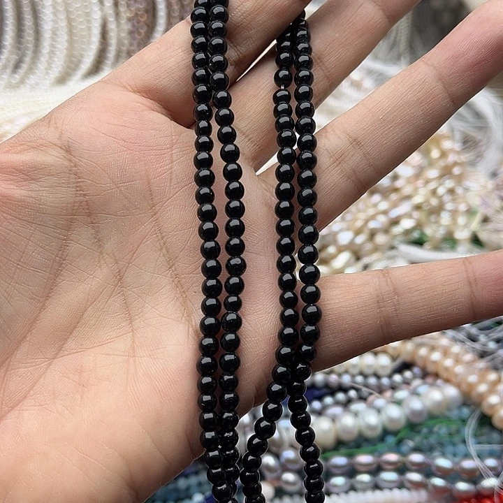 玛瑙/玉髓未镶嵌珠宝半成品2条4mm左右黑玛瑙