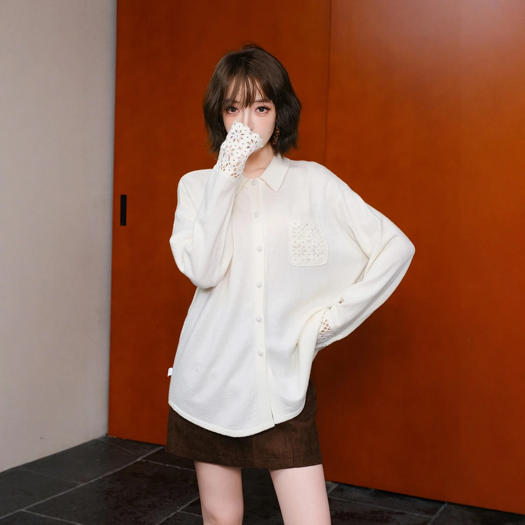 【现货】MIUCO法式设计感超柔软针织白衬衫高级感极简风蕾丝镂空