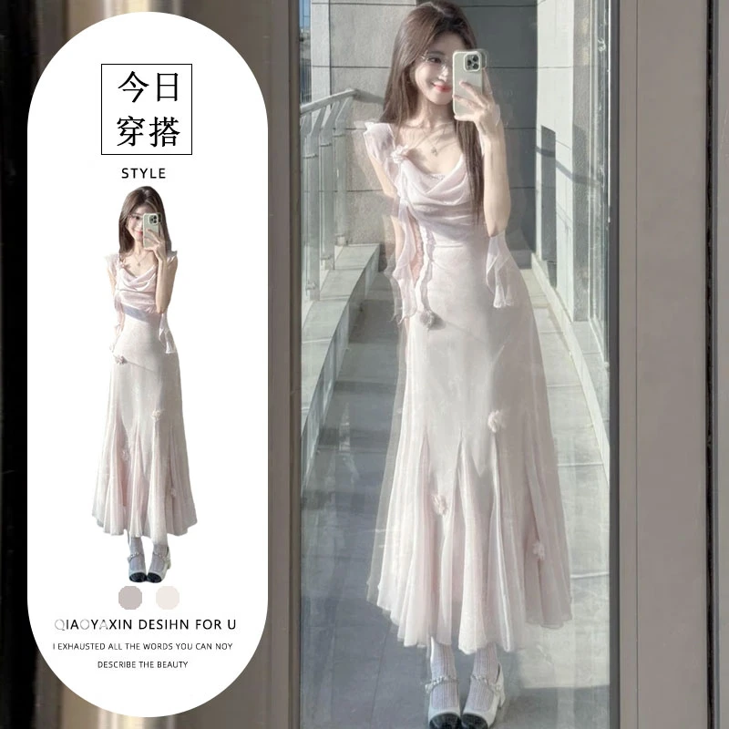 2025夏季穿搭大码胖MM法式温柔小飞袖粉色吊带连衣裙气质绝美长裙