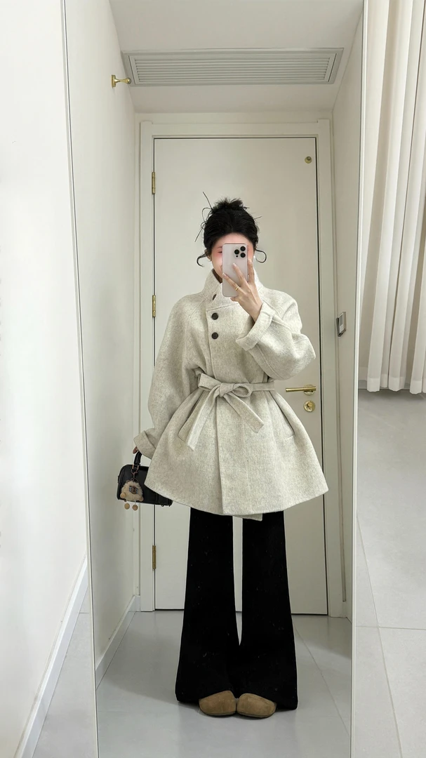 2025秋冬韩系高级感立领系带收腰显瘦毛呢外套搭配休闲裤两件套潮