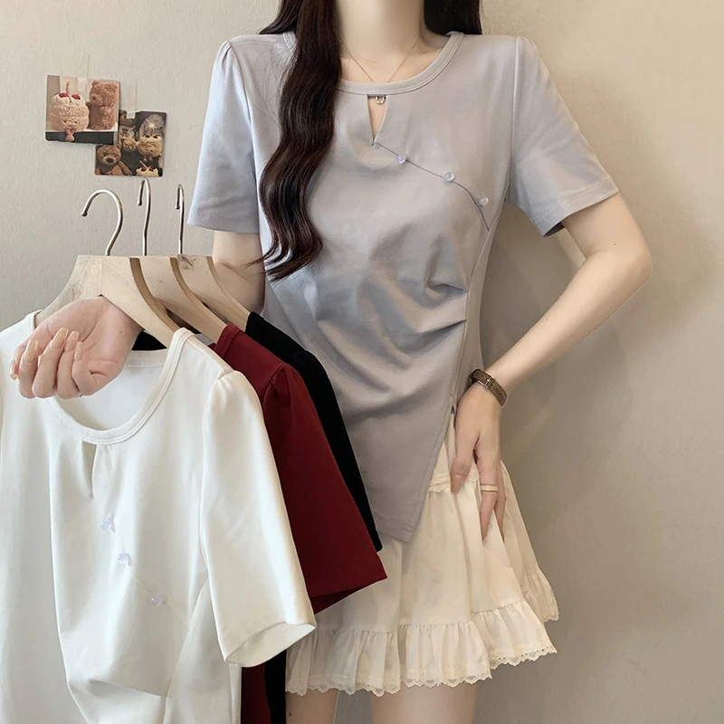 2025夏装新款胖mm大码女时尚新中式镂空不规则短袖T恤35653